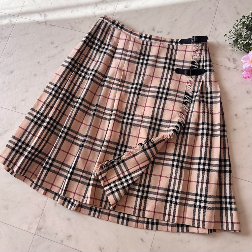 Burberry blue label plaid pleated mini skirt leather buckles